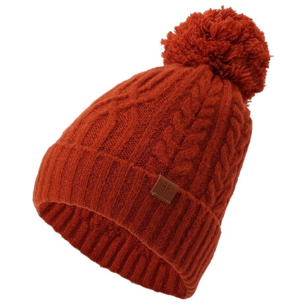 NWT Frye Women's Cable Knit Beanie With Self Pom - Color Brick Red - MSRP $58